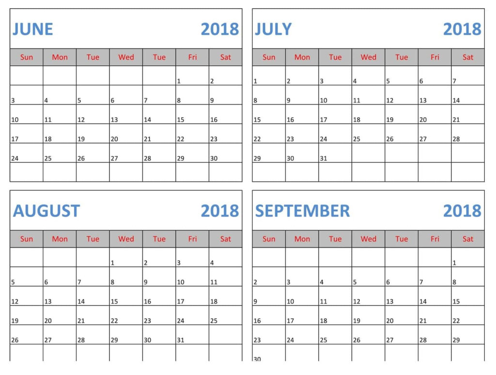 June July August Printable Calendar