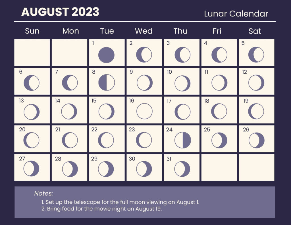Lunar Calendar August 2023 In Google Docs EPS Illustrator JPG Excel 