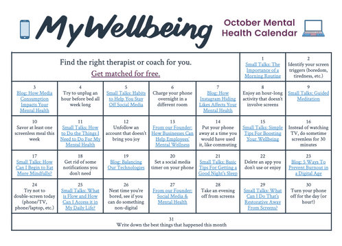 Mental Health Calendars MyWellbeing