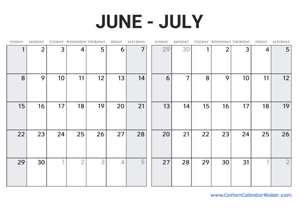 Monthly Calendar 2025 June And July Archer Deacon