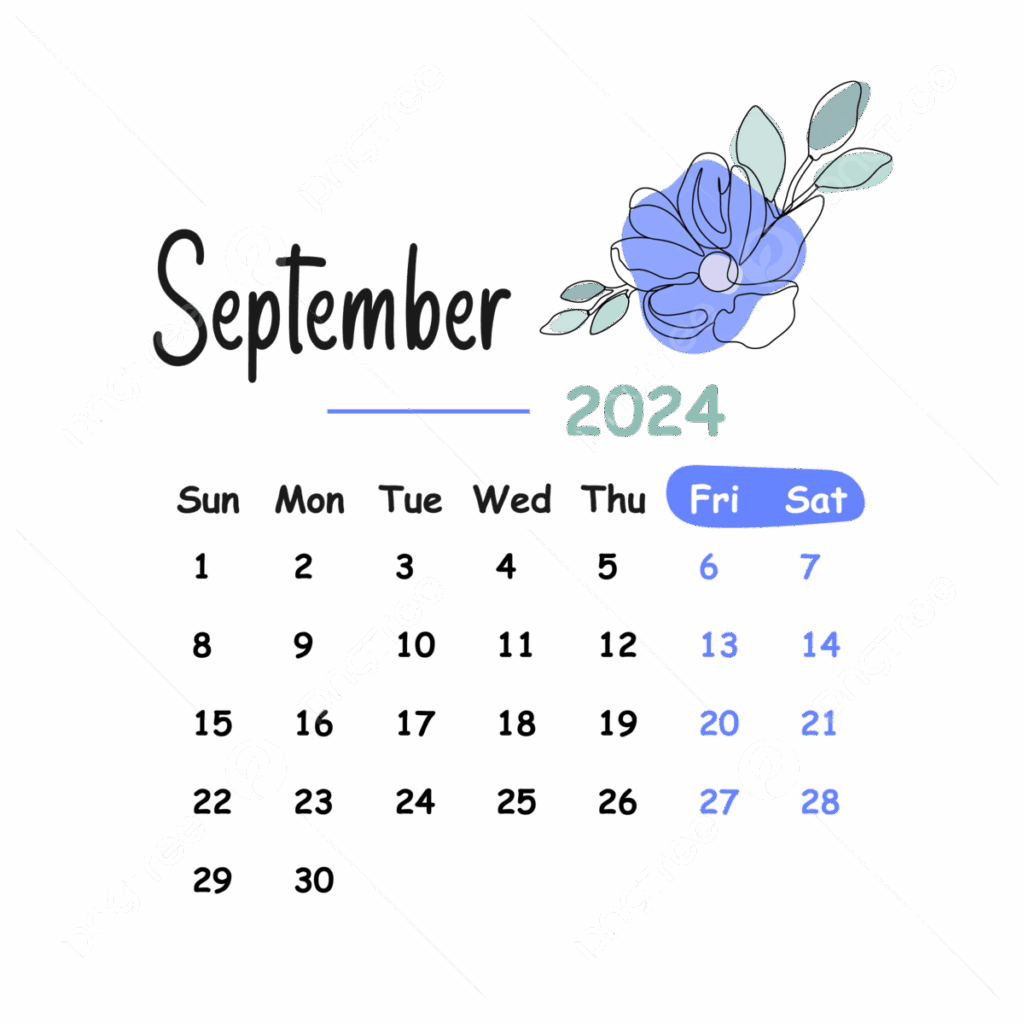 Monthly Calendar September 2024 Transparent Vector September 2024 
