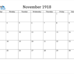 November 1918 Calendar PDF Word Excel