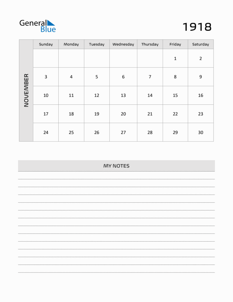 November 1918 Printable Monthly Calendar With Notes