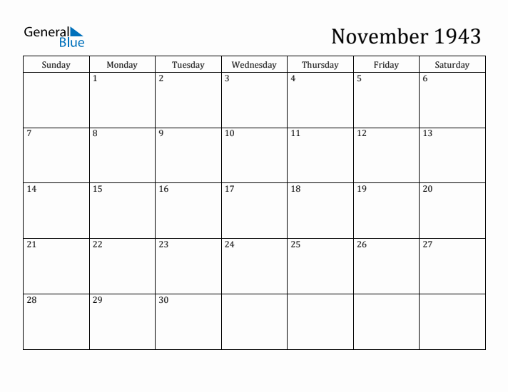 November 1943 Monthly Calendar PDF Word Excel 