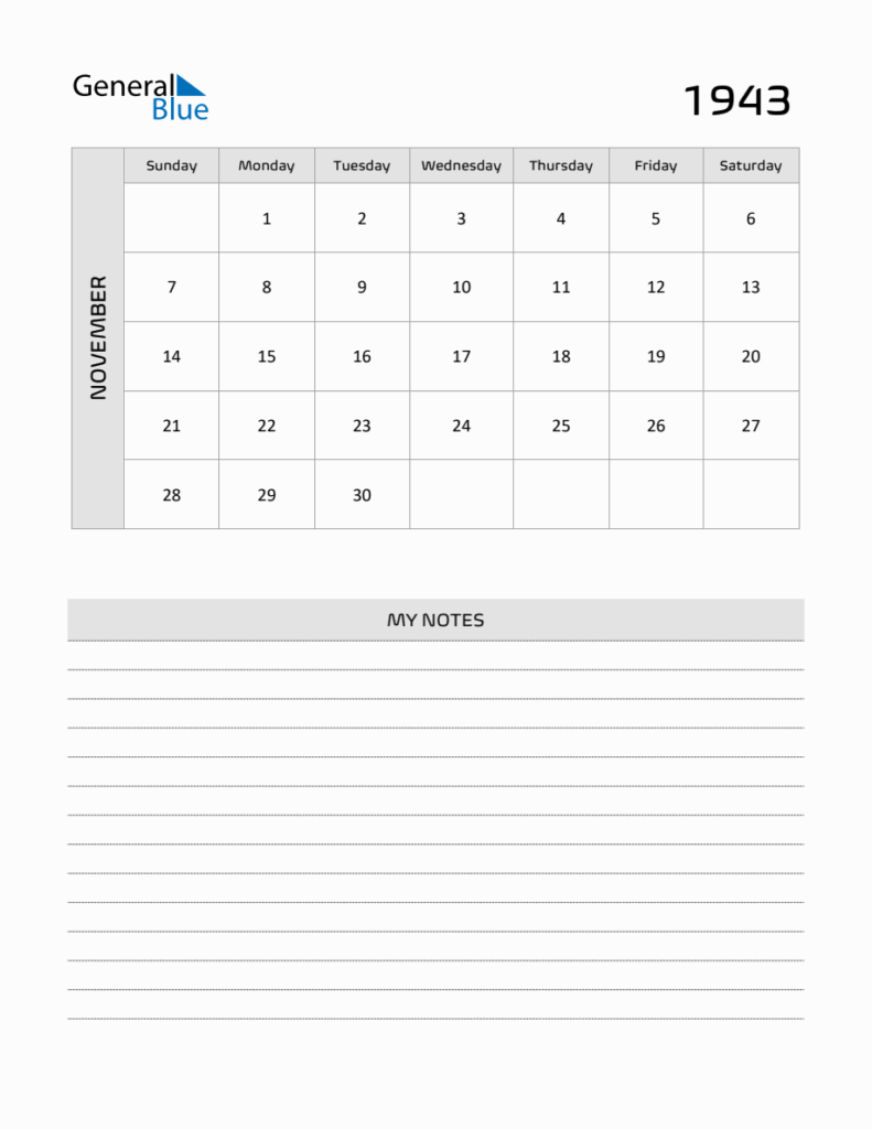 November 1943 Printable Monthly Calendar With Notes