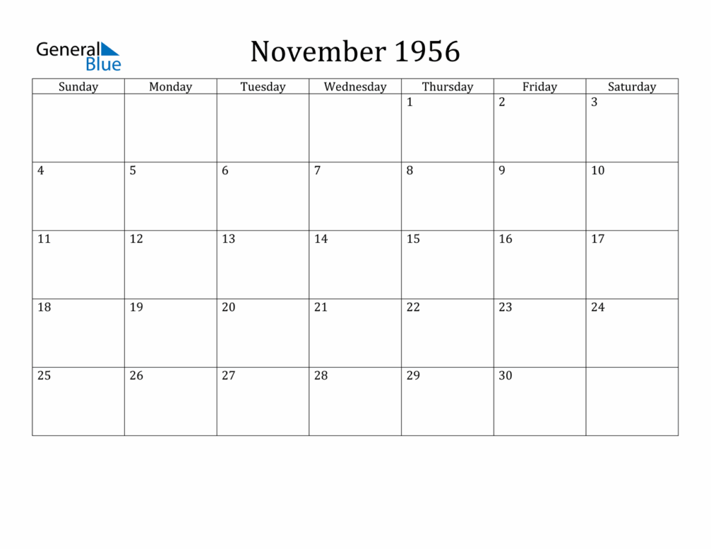 November 1956 Calendar PDF Word Excel