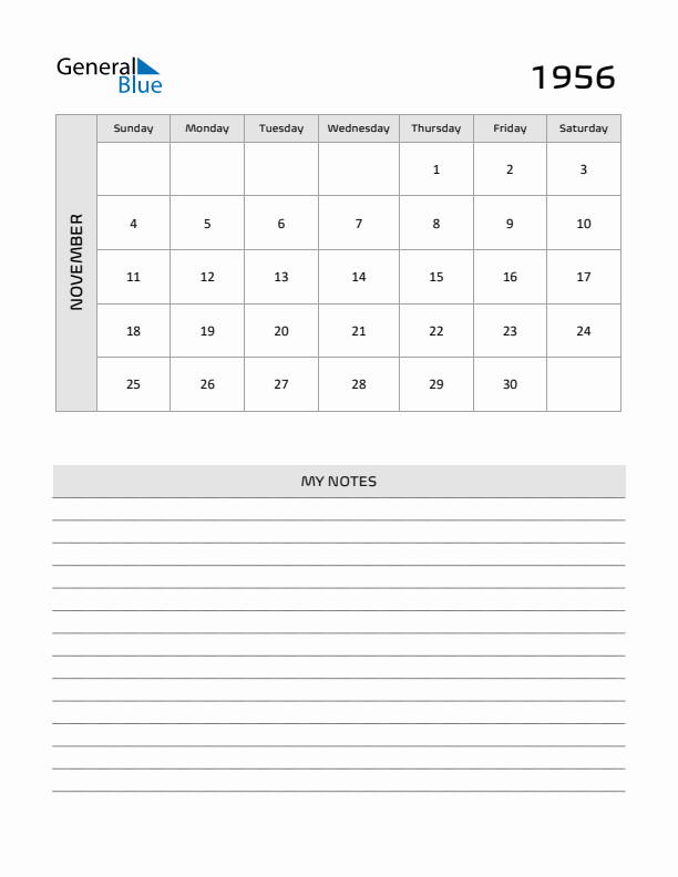 November 1956 Monthly Calendar PDF Word Excel 
