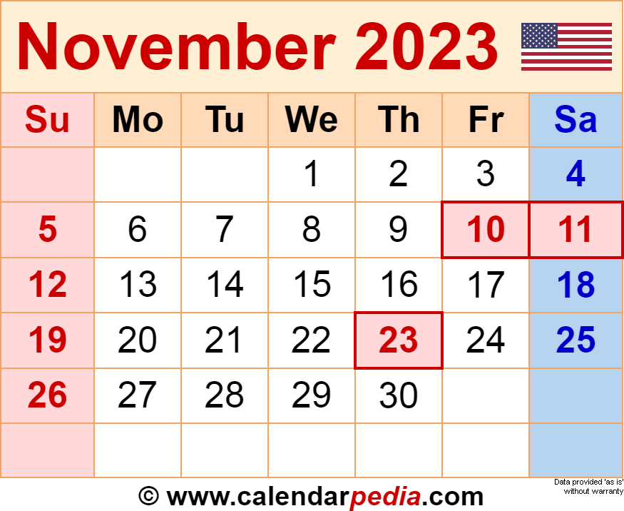 November 2023 Calendar Templates For PDF Excel And Word