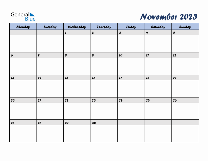 November 2023 Monday Start Calendar PDF Excel Word 