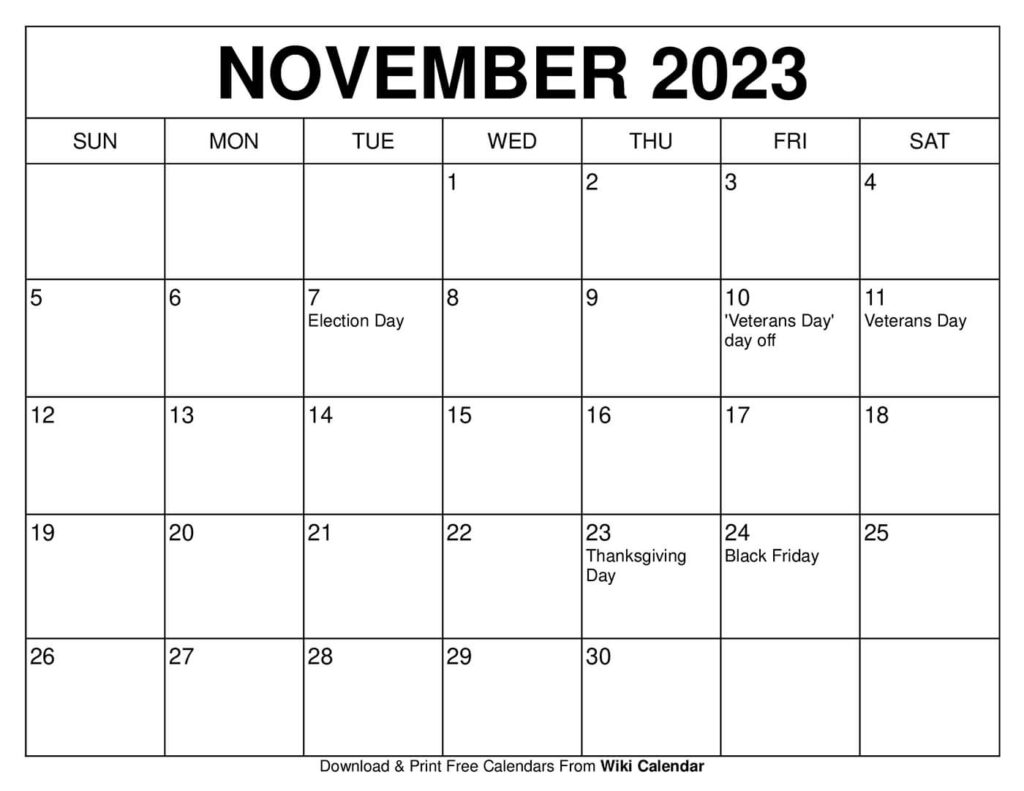 November 2023 Printable Calendar With Holidays