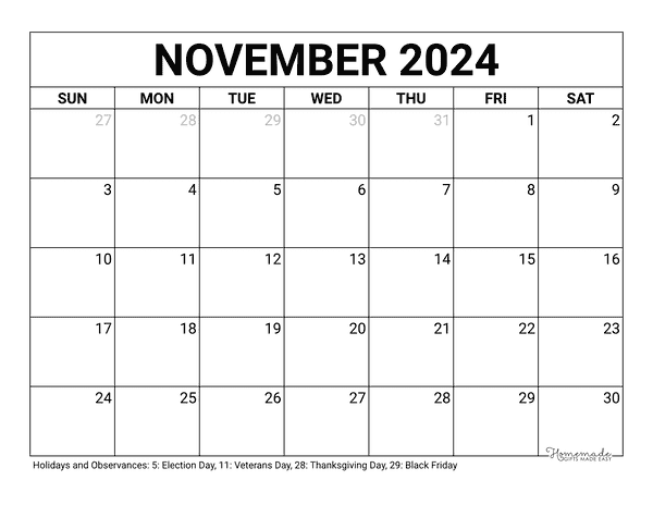 November 2024 Calendar Free Printables Blank And Custom 