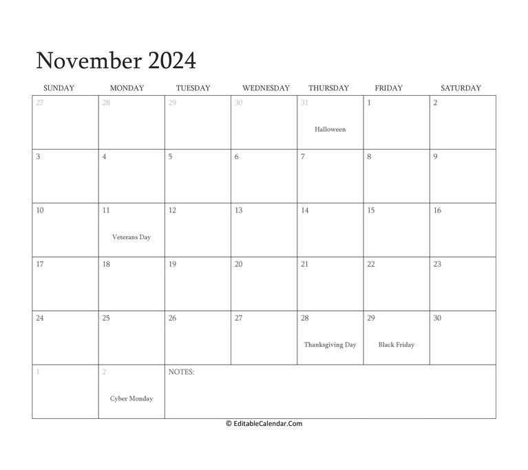 November 2025 Calendar In Word With Holidays Sebastian Ifould