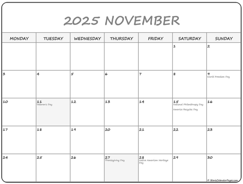 November 2025 Calendar With Holidays Printable Alma H Willett