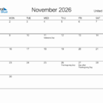 November 2026 Monthly Calendar With United States Holidays