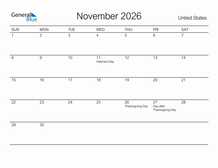 November 2026 Monthly Calendar With United States Holidays