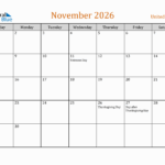 November 2026 Monthly Calendar With United States Holidays