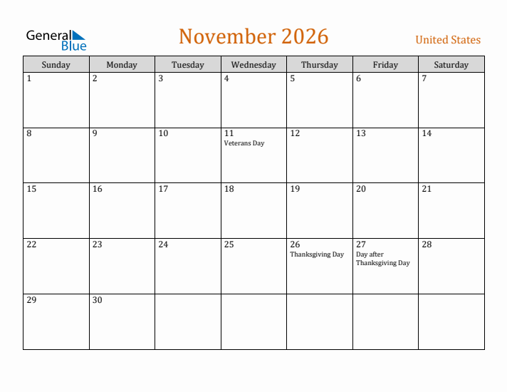 November 2026 Monthly Calendar With United States Holidays