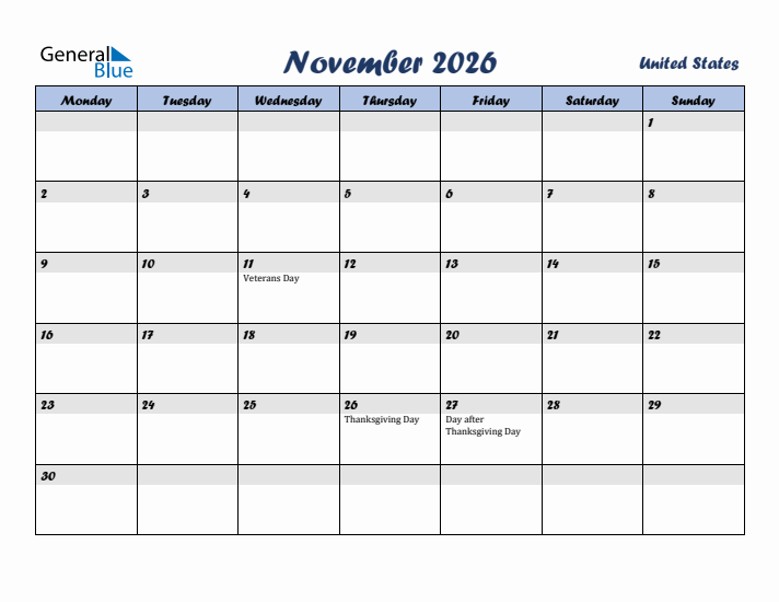 November 2026 United States Monthly Calendar With Holidays