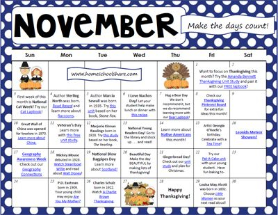 November Activity Calendar For Homeschool November Activities 