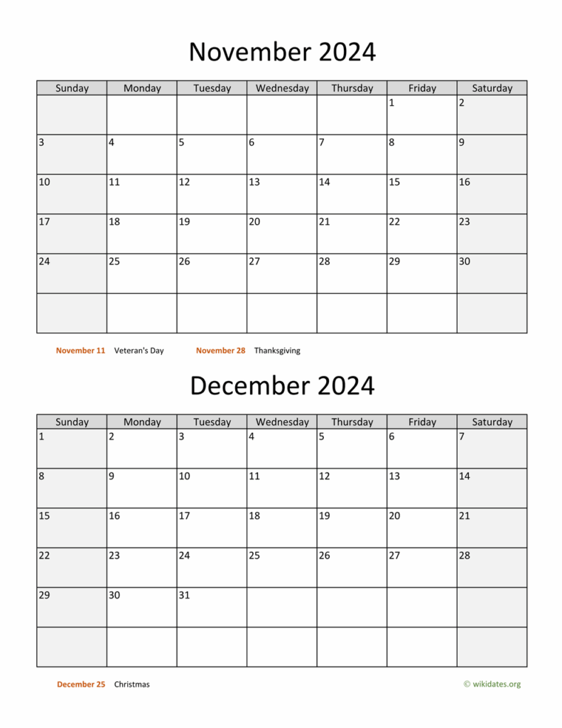 November And December 2024 Calendar WikiDates