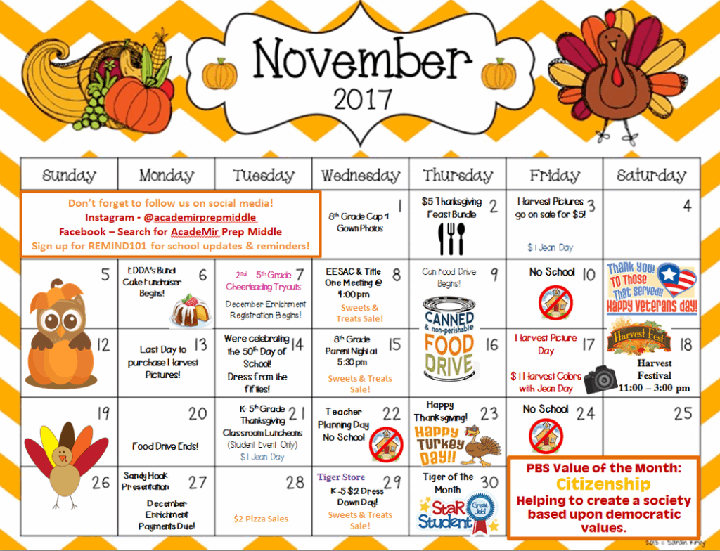 November Calendar Important Dates Aleta Murial