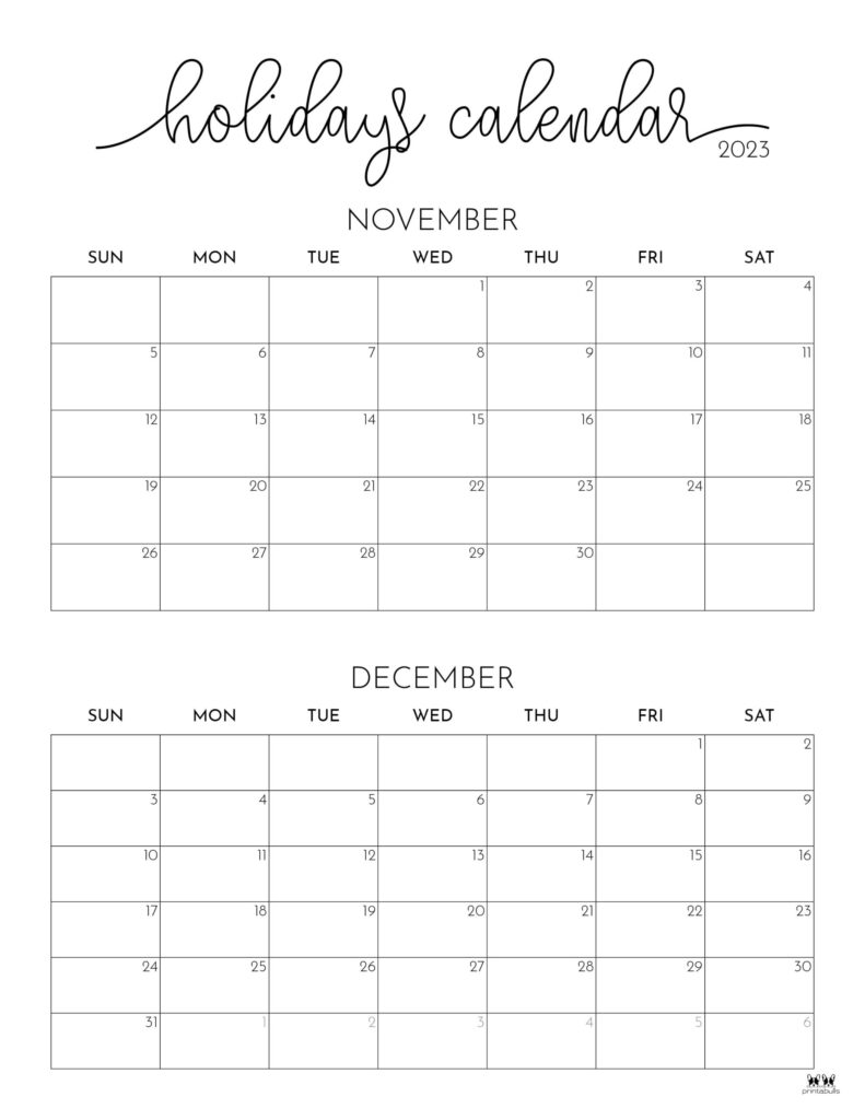 November December 2023 Calendars 12 Printables PrintaBulk