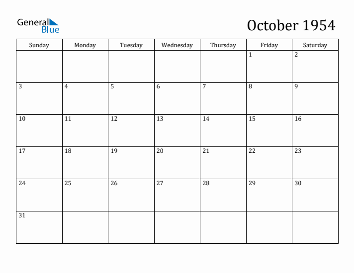 October 1954 Monthly Calendar PDF Word Excel 