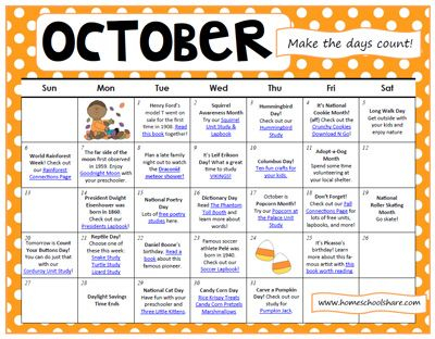 October 2013 Activity Calendar Homeschool Share Blog Preschool 