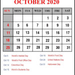 October 2020 Holidays Calendar Calendar Usa October Calendar Holiday