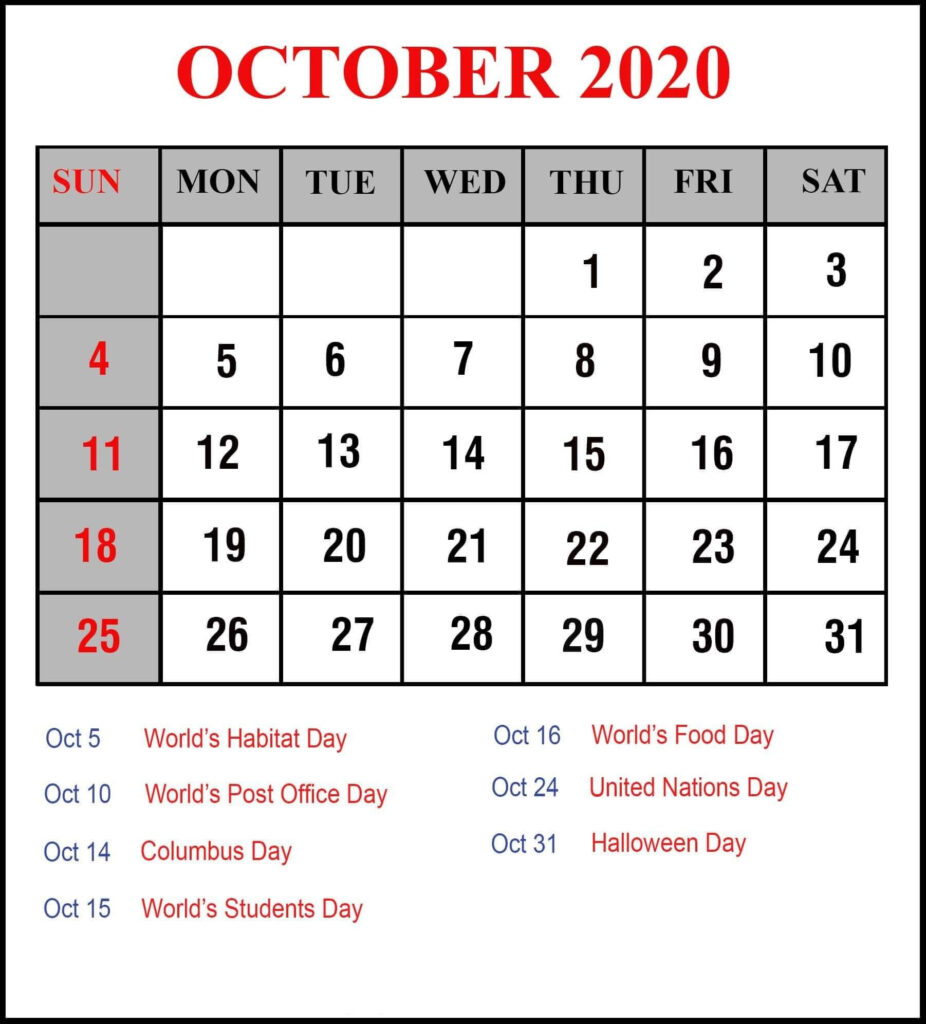 October 2020 Holidays Calendar Calendar Usa October Calendar Holiday 