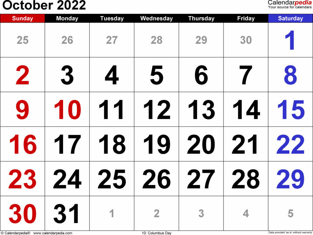 October 2022 Calendars For Word Excel PDF