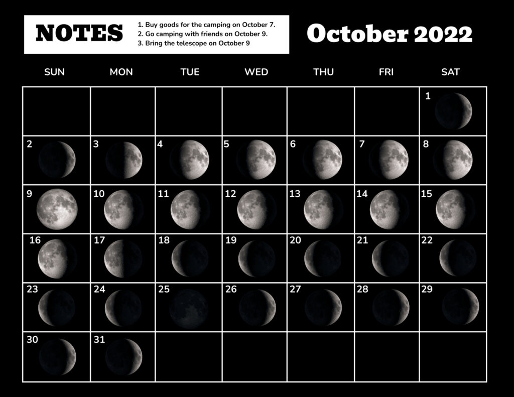 October 2023 Calendar Template With Moon Phases In Illustrator EPS 