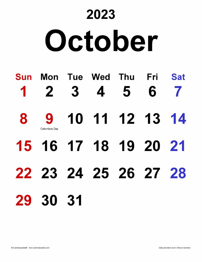 October 2023 Calendar Templates For PDF Excel And Word