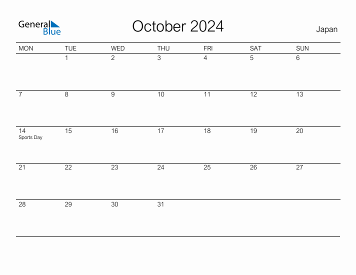 October 2024 Japan Monthly Calendar With Holidays