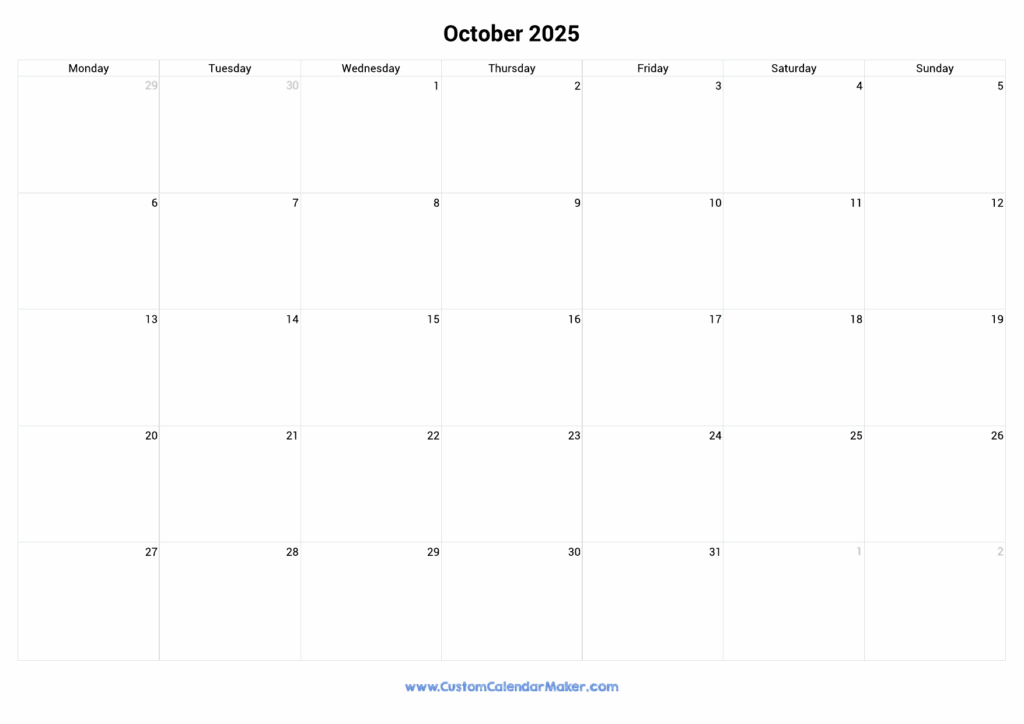 October 2025 Monday Start Calendar Monday To Sunday Custom Calendar 
