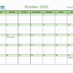 October 2026 Monthly Calendar With United States Holidays