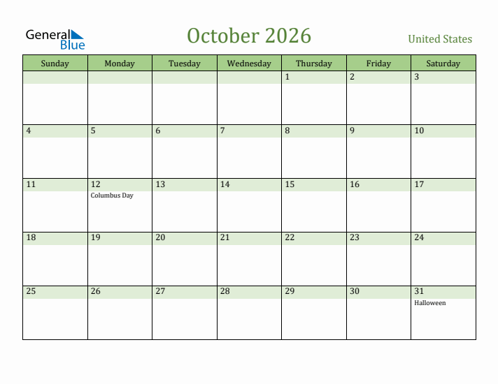October 2026 Monthly Calendar With United States Holidays