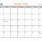 October 2026 Monthly Calendar With United States Holidays