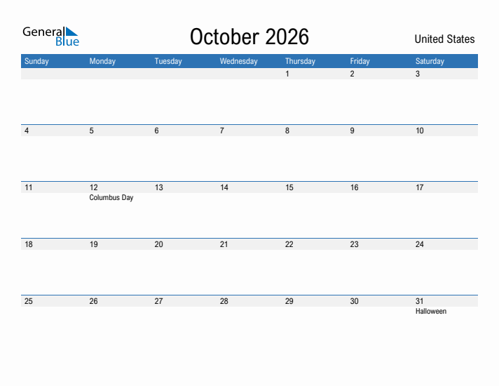 October 2026 Monthly Calendar With United States Holidays