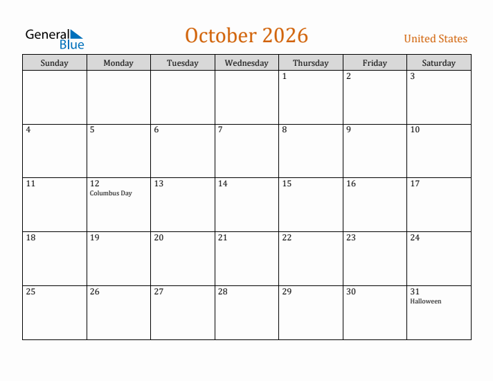 October 2026 Monthly Calendar With United States Holidays
