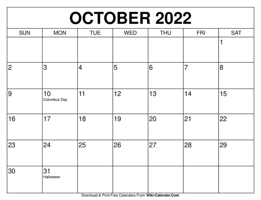 October 22 Printable Calendar