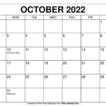 October 22 Printable Calendar