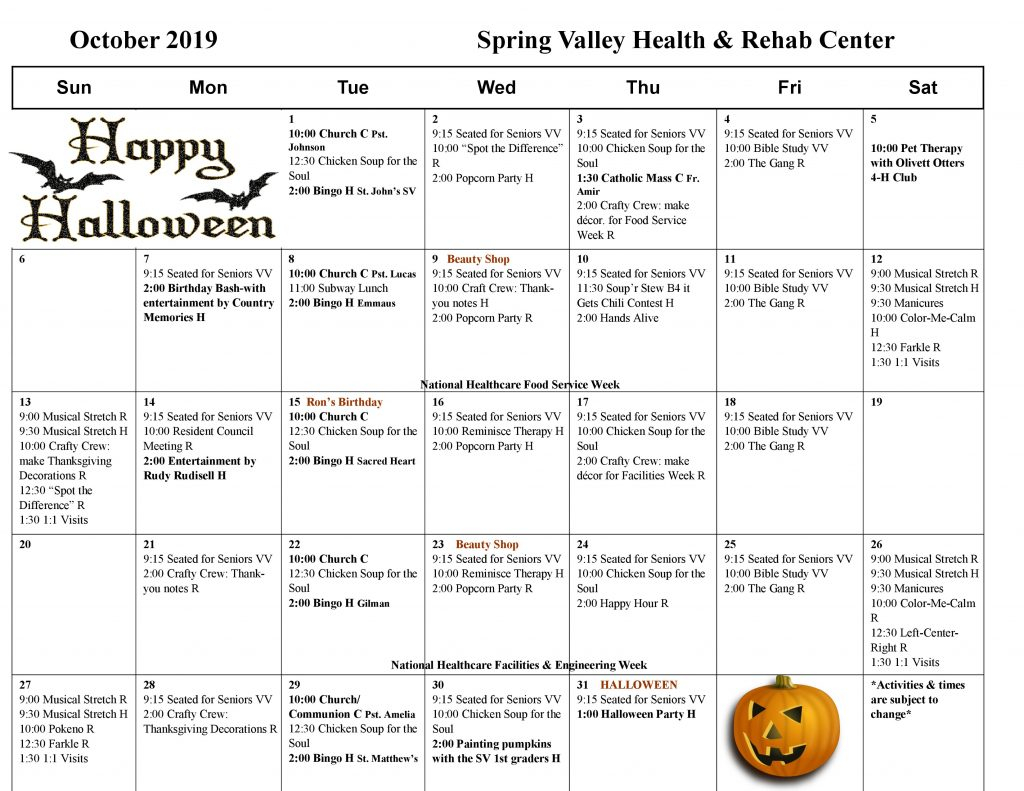October Activity Calendar Spring Valley Senior Living And Health Care 