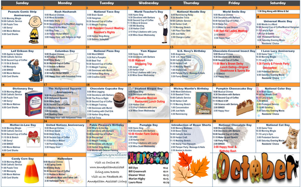 October Assisted Living Calendar Aleta Murial