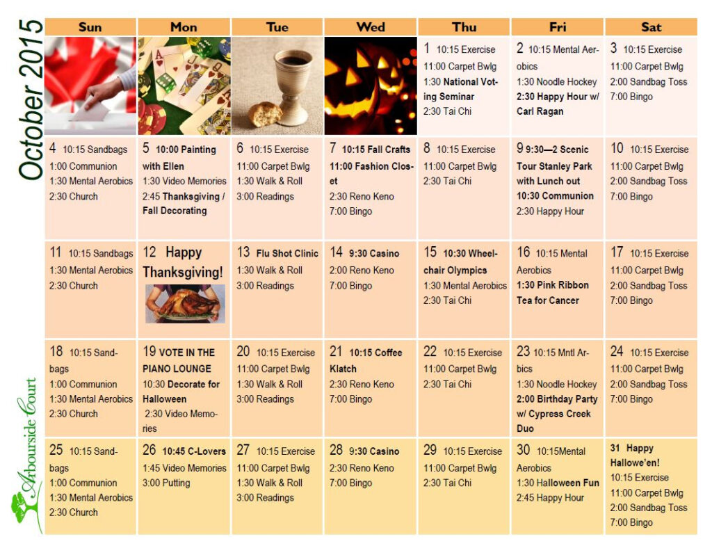 October Calendar Of Seniors Activities At Arbourside Court 
