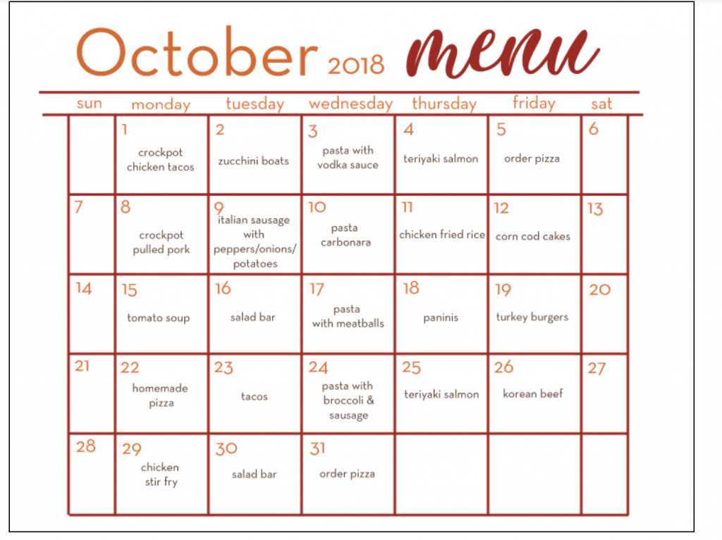 October Dinner Calendar Another Month Of Meal Planning The Chirping Moms