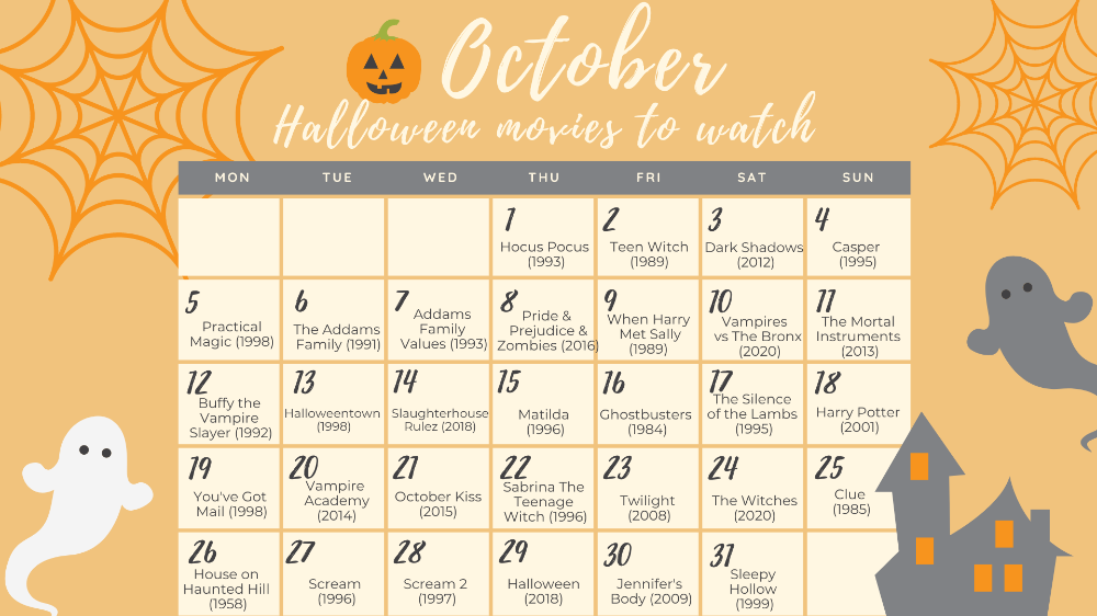 October Halloween Movie Calendar Printable Calendars AT A GLANCE
