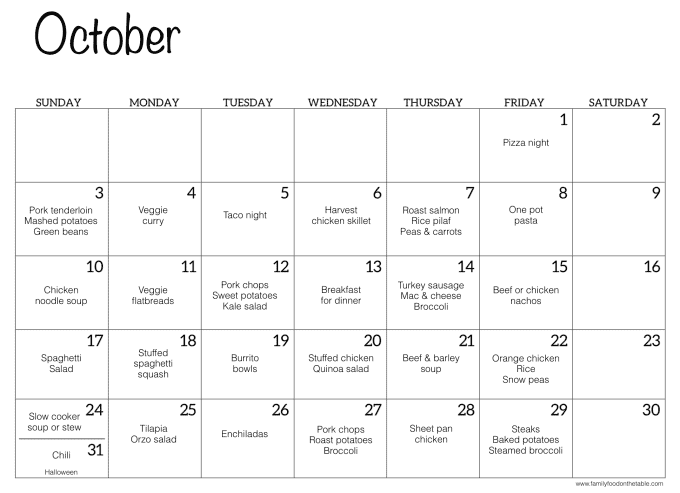 October Meal Plan Family Food On The Table