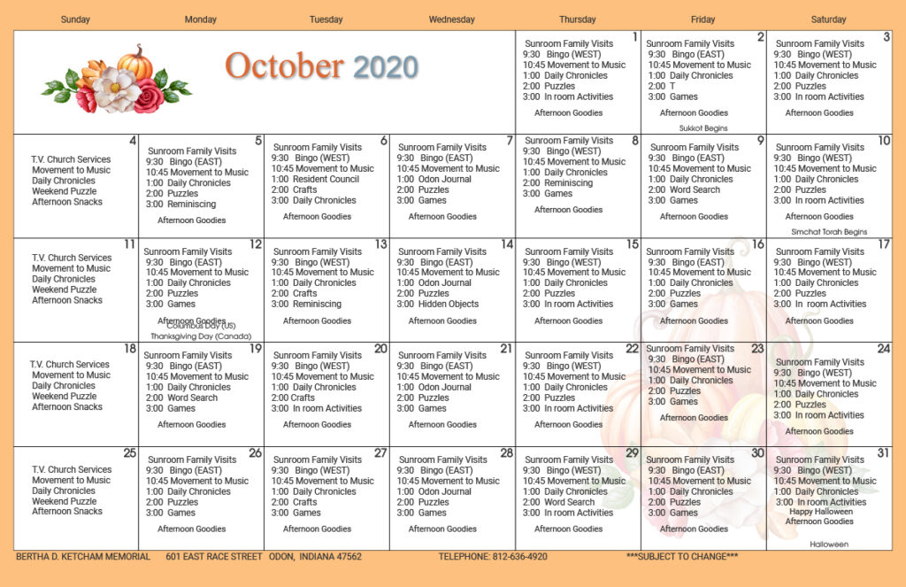 October Senior Activity Calendar Ros Kristel