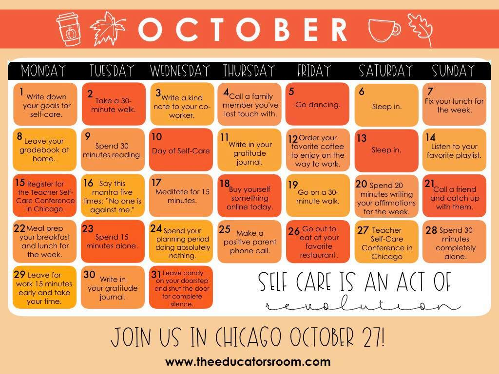 October Teacher Self Care Calendar DOWNLOAD NOW The Educators Room